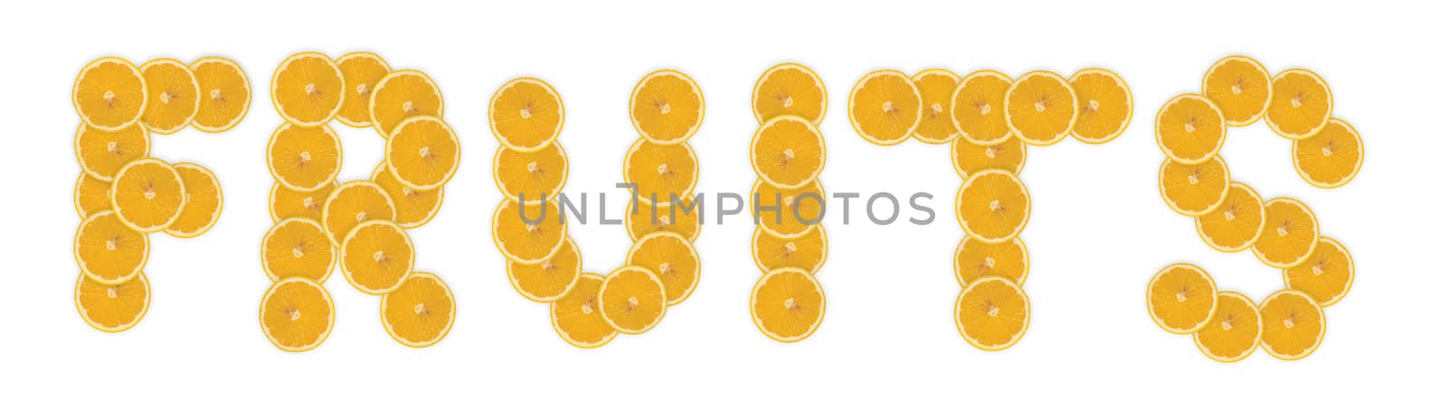 Fruit word made by slice of lemon isolated on black
