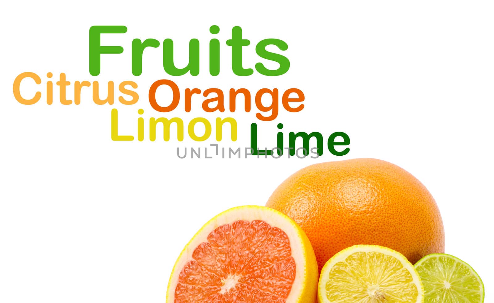 image of a fresh whole lime,lemon and orange isolated on white