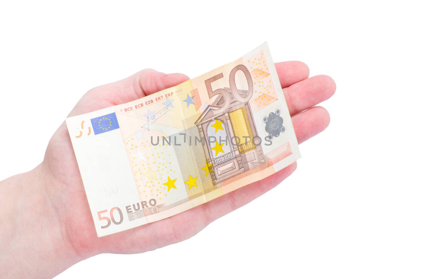 Money (Euro) in a hand isolated on white