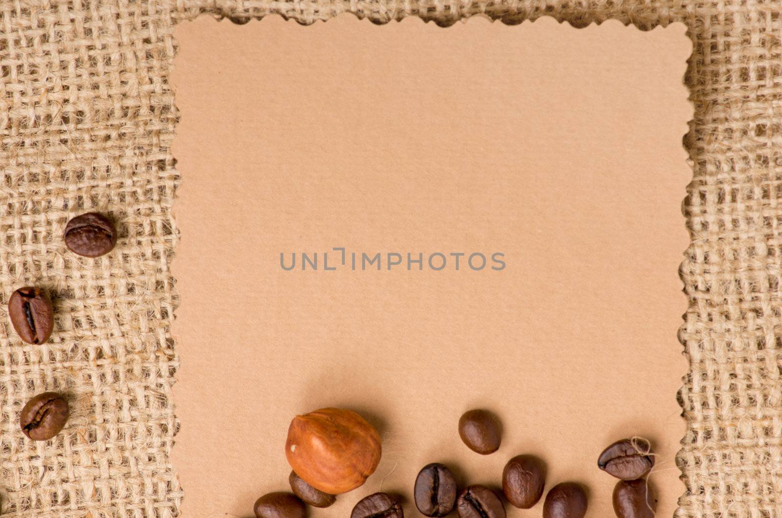 old paper for recipes and spices on burlap closeup