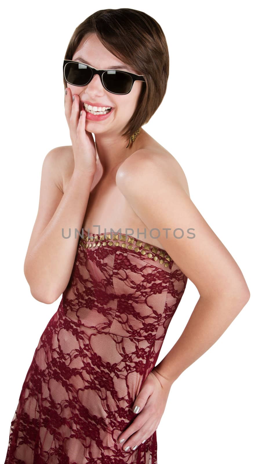 Laughing young adult female with sunglasses on isolated background
