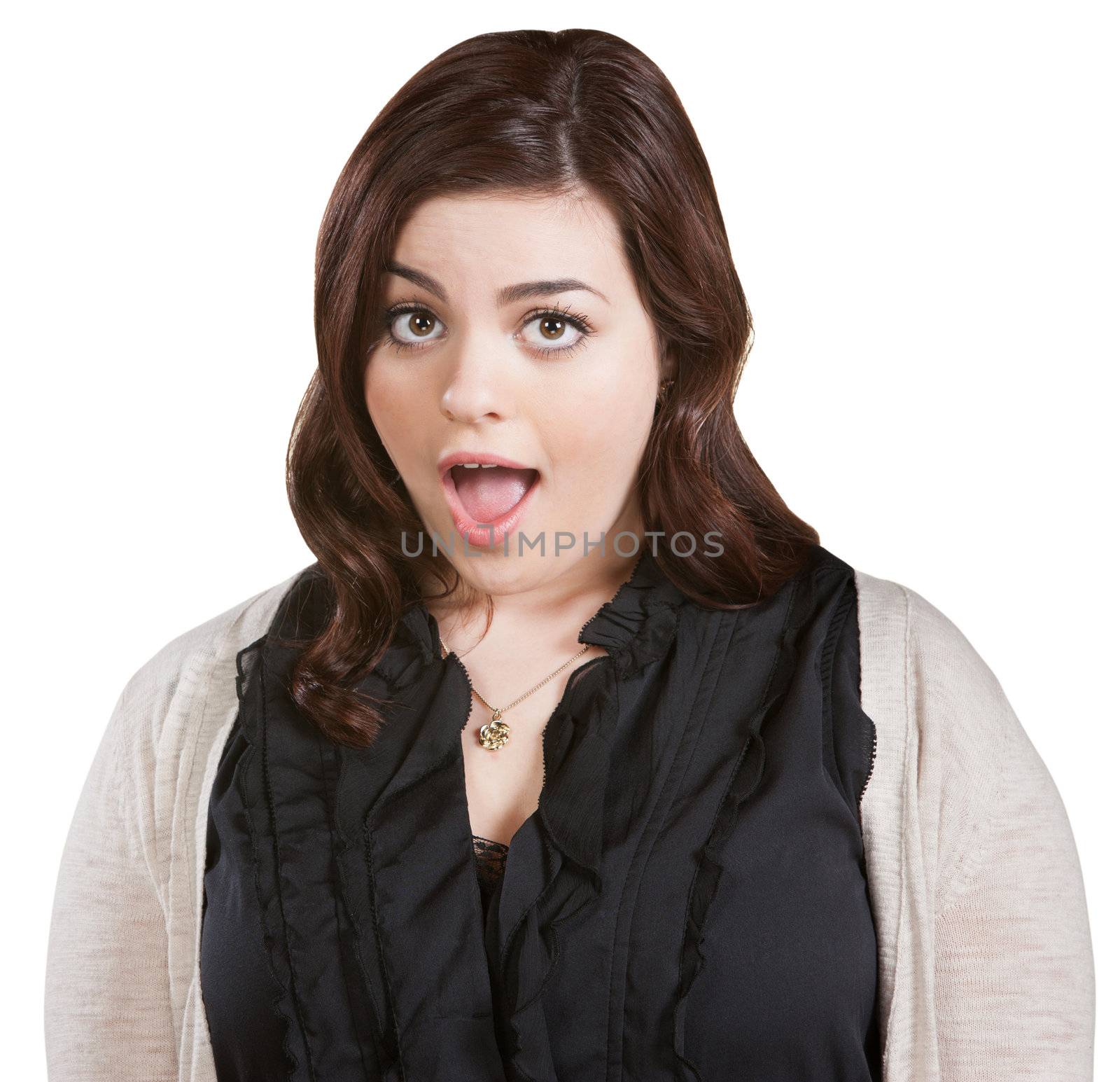 Surprised female in white sweater on isolated background