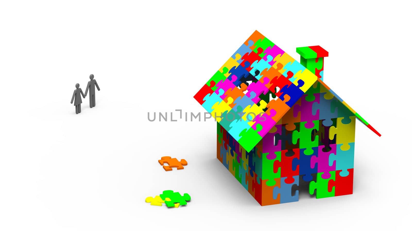 House built out of colorful puzzle pieces, 3d render