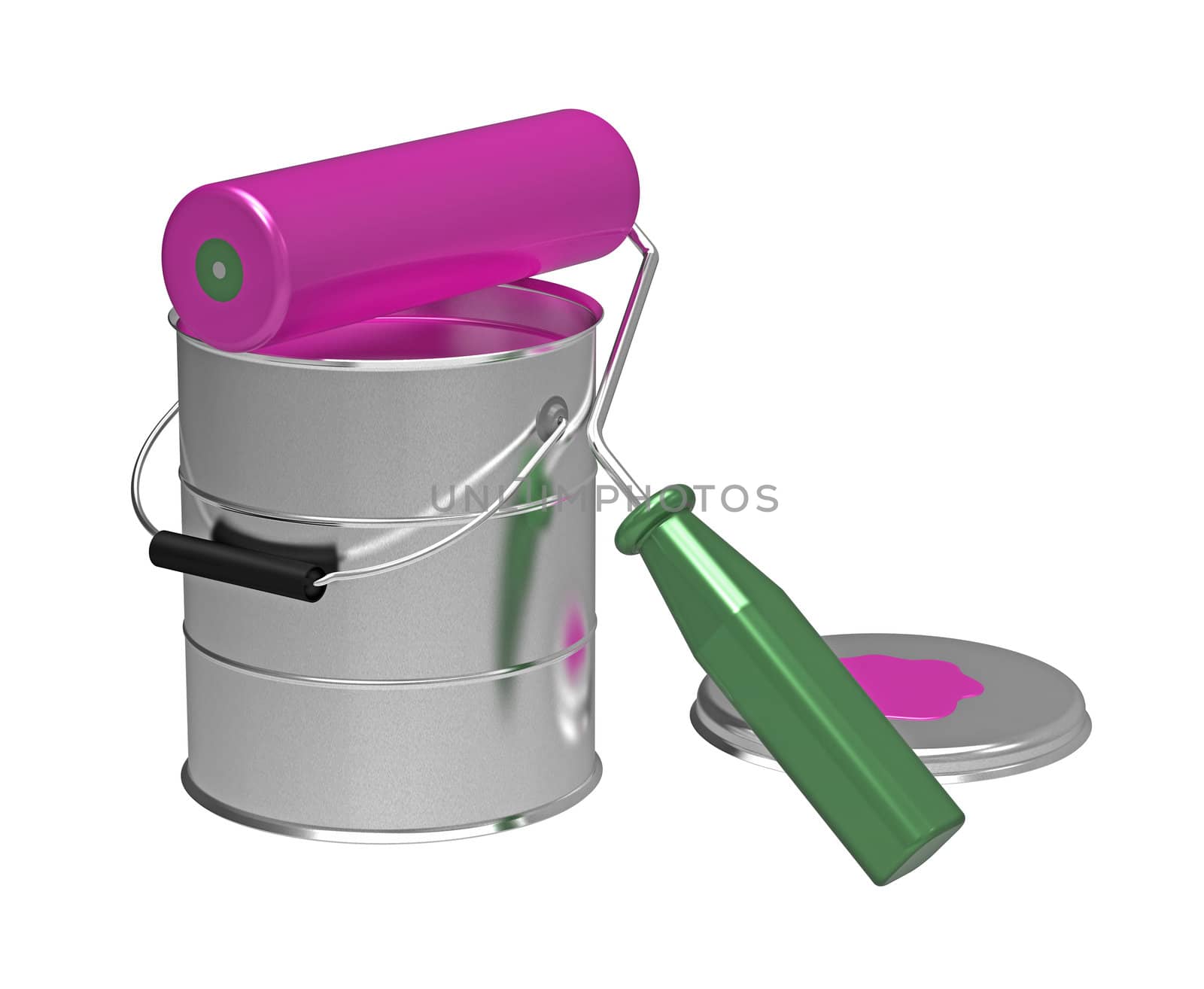 Pink paint, roller and can, 3d render, isolated on white