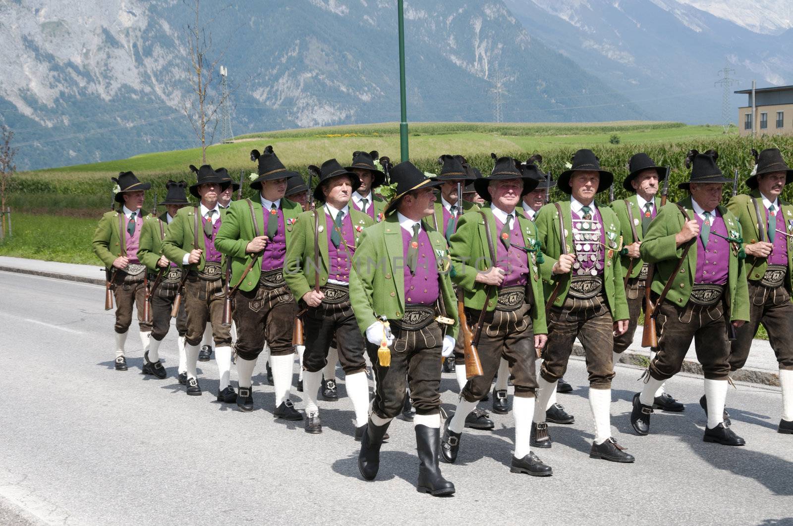 AXAMS,AUSTRIA - AUGUST 15:Unidentified people making music in procession to the church on Maria Ascension,on August 15, 2012 in Axams, Austria. Maria Ascension is the annual christian celebration in Axam