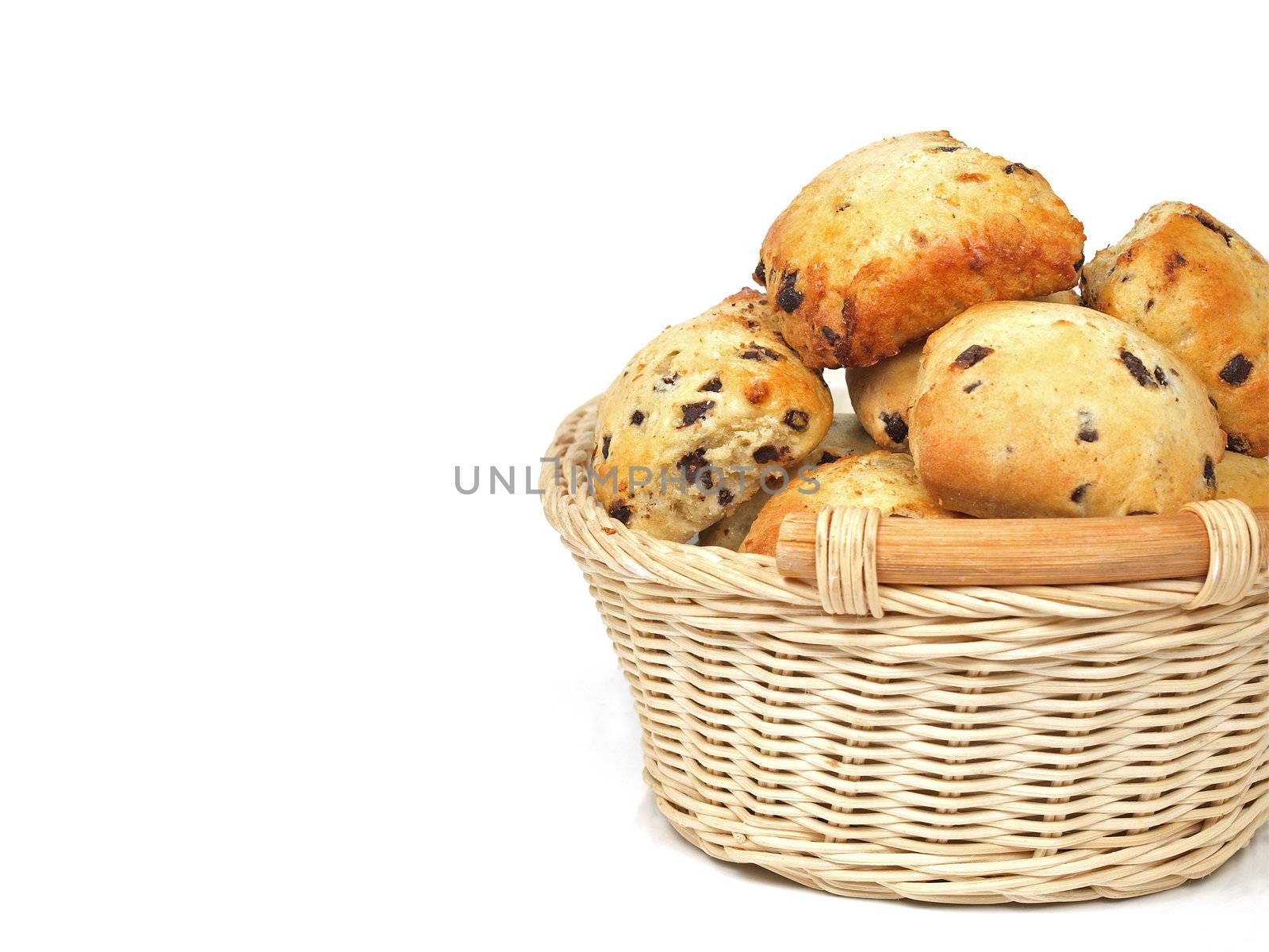 tray of spongy chocolate chip scones on white background