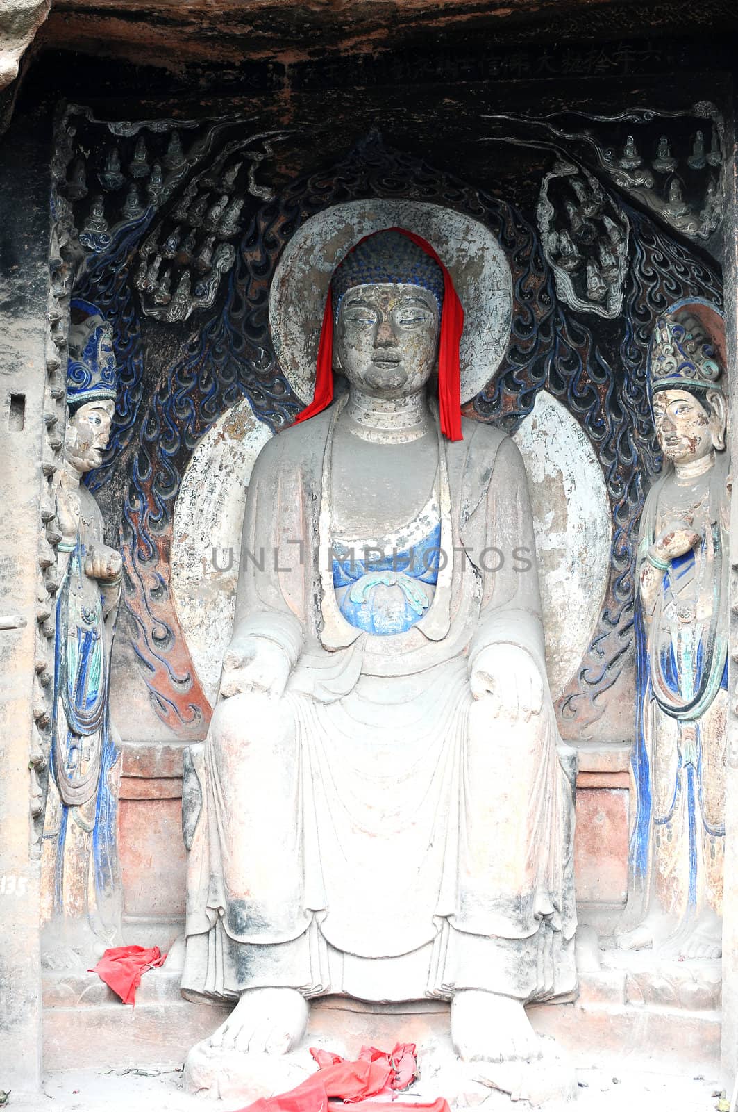 Ancient Buddha statue in caves in Sichuan, China