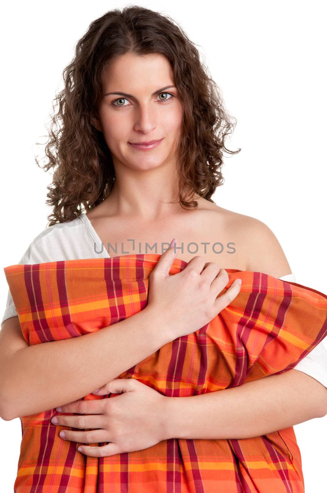 Woman holding a red pillow, isolated in a white background