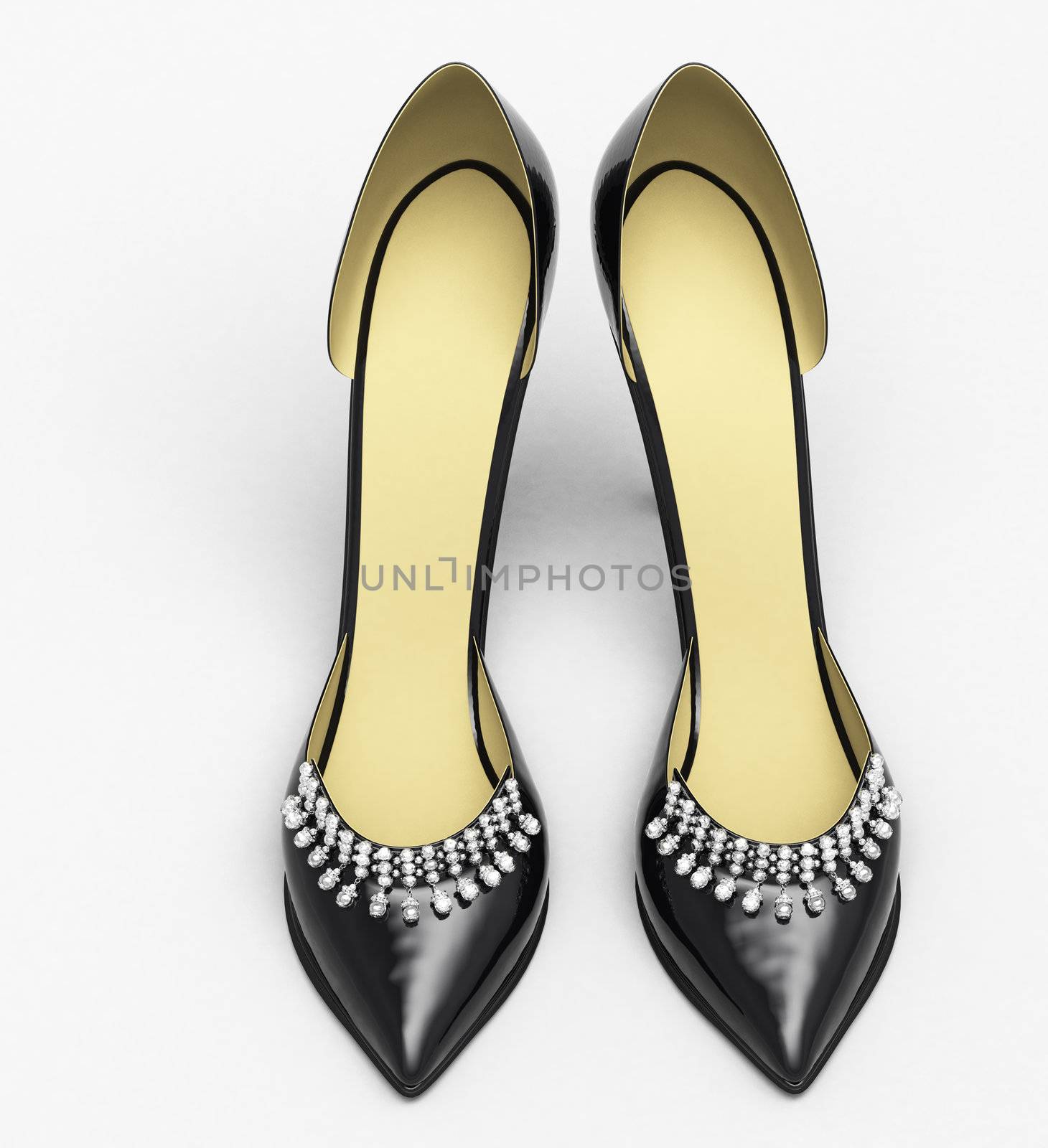 Black patent leather women's high heels closeup on a light background
