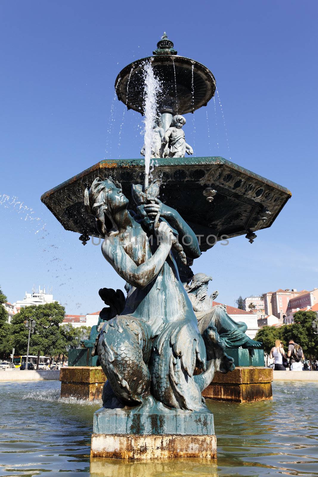 famous fountain on rossio square the liveliest placa in Lisbon 