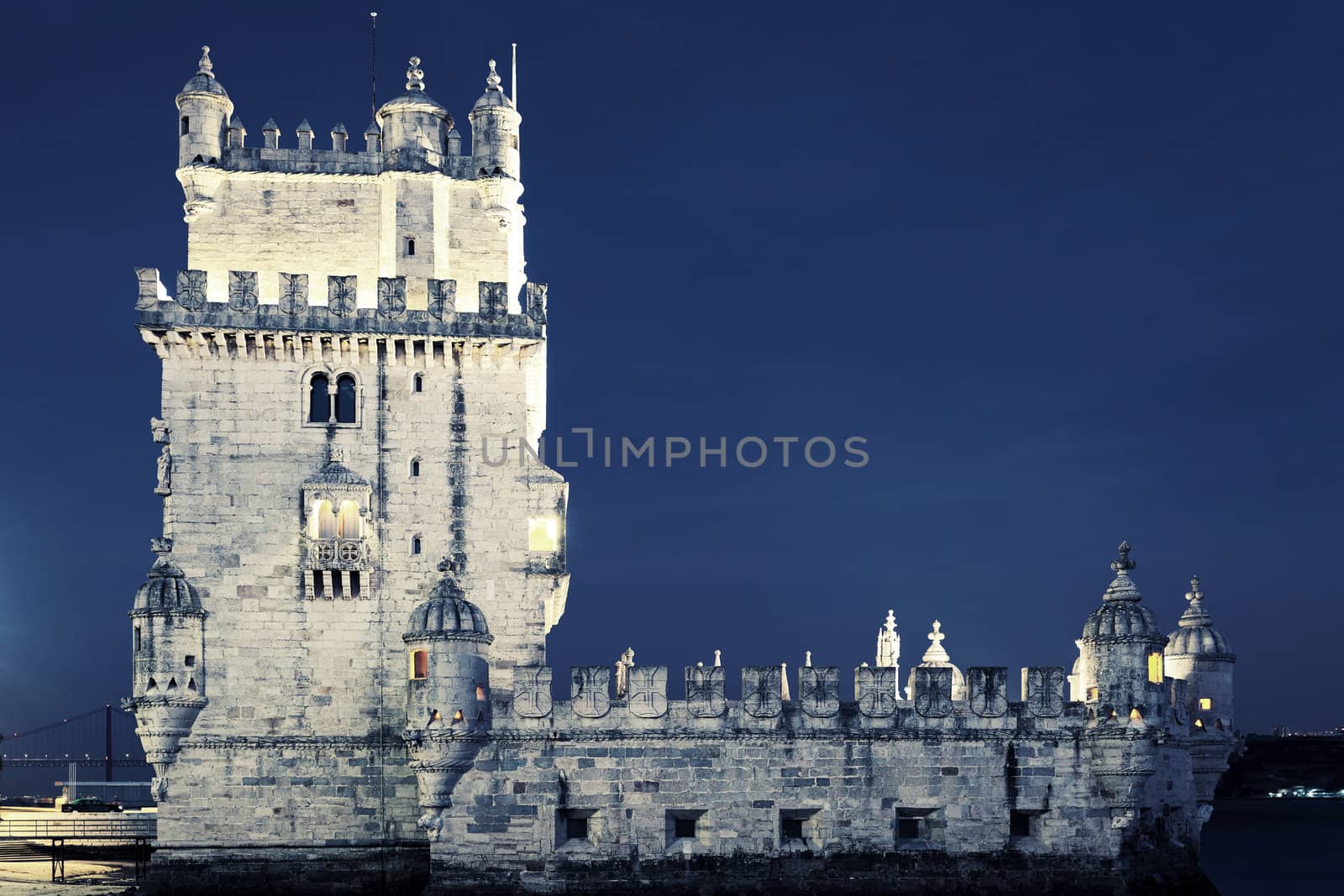 famous Tower of Belem by night. Lisbon, Portugal. 