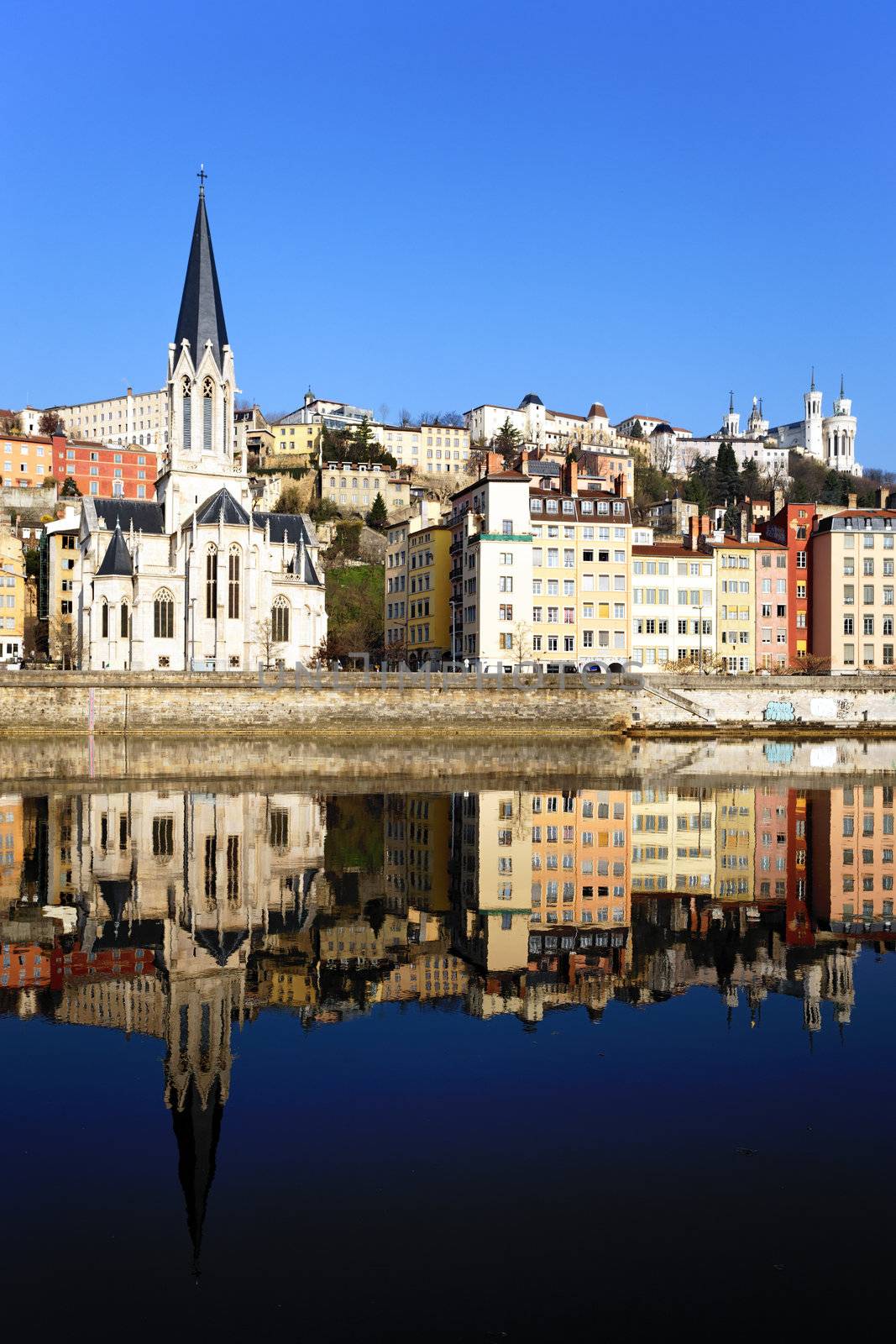 view of Lyon with church and Saone River in France 