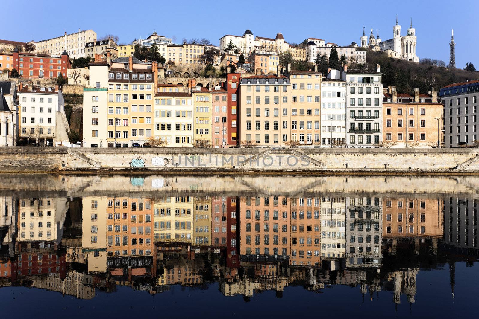 view of Lyon and Saone River in spring