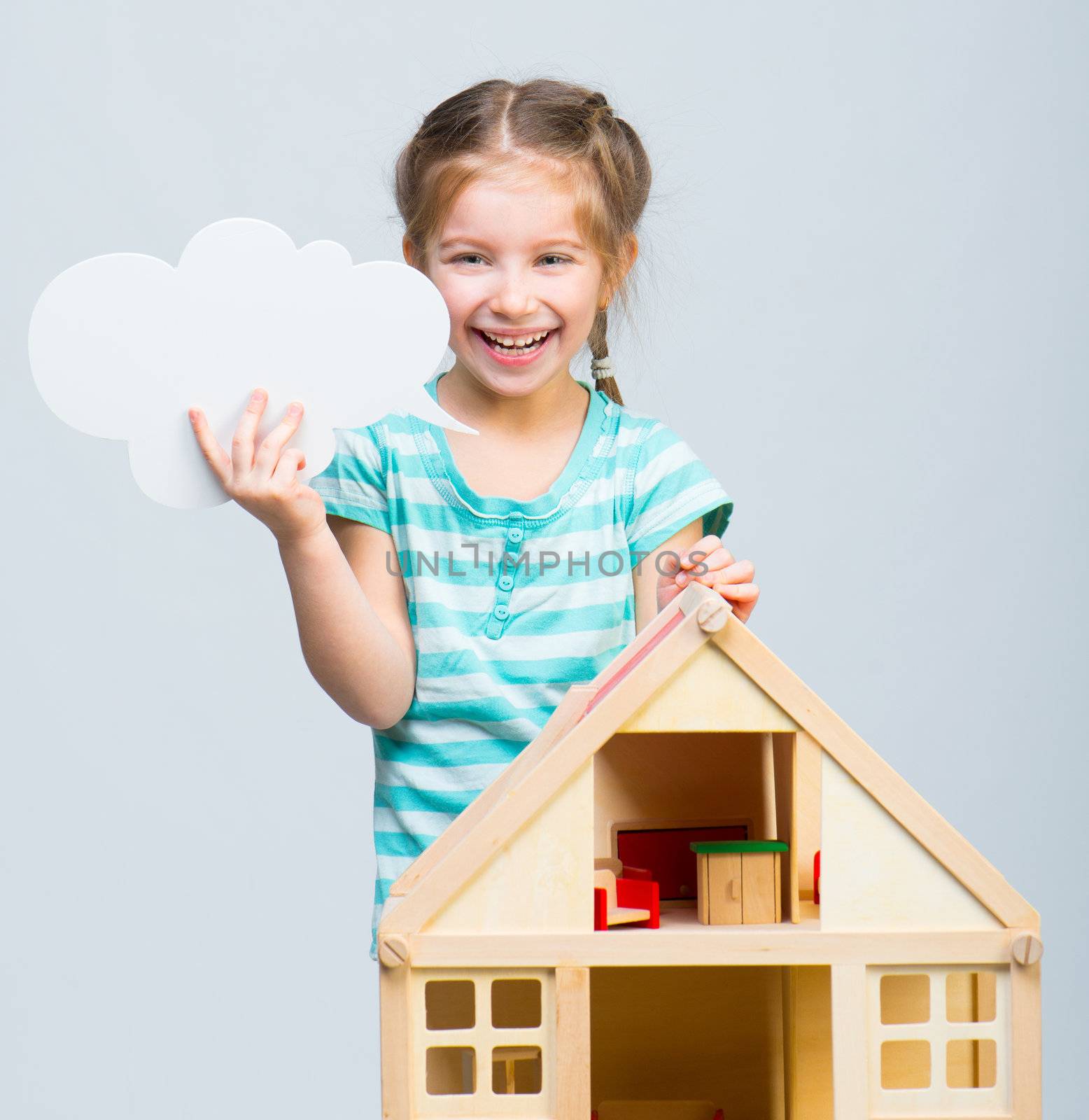 cute girl with a toy house holding cloud talk