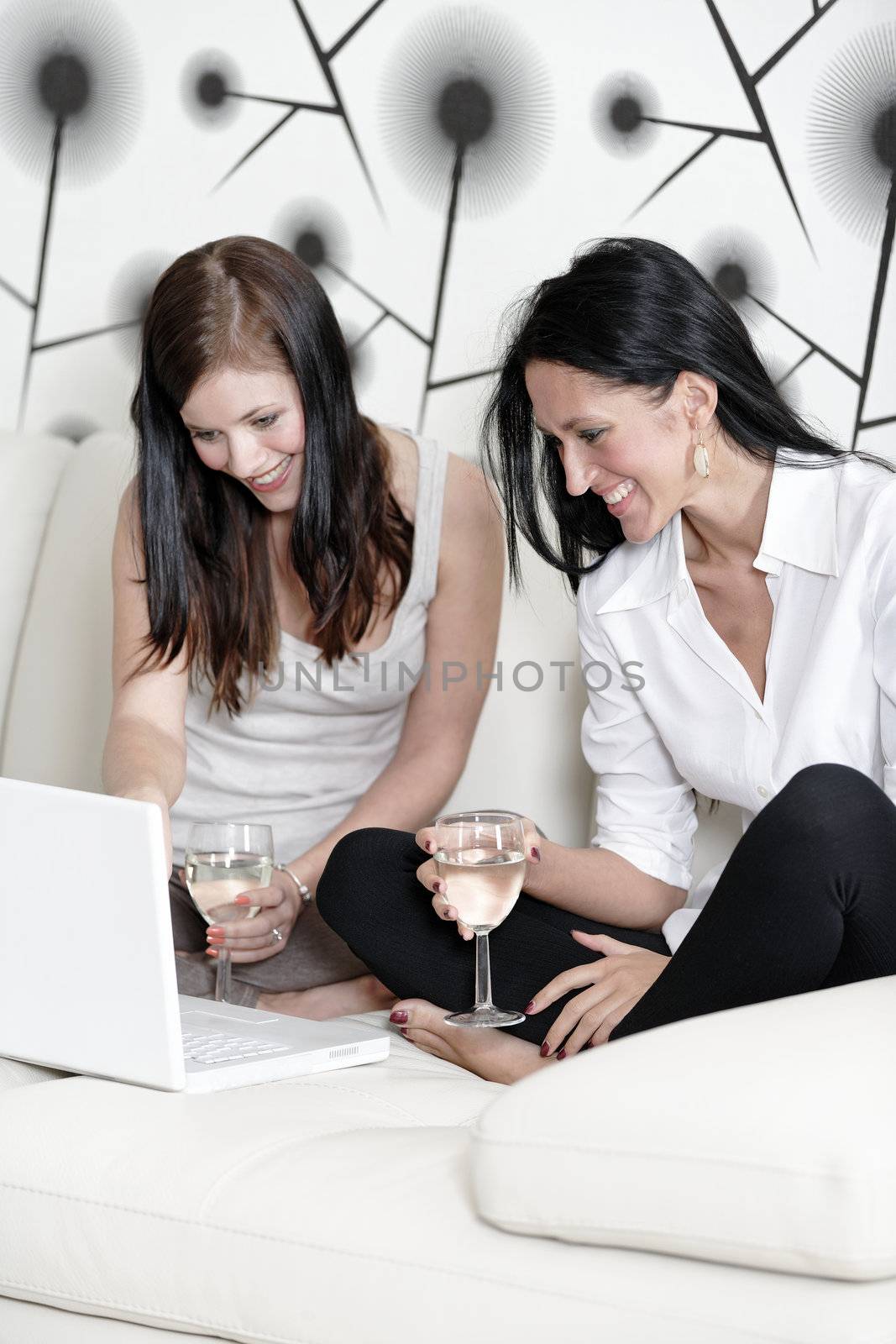 Two attractive young friends catching up at home on the sofa with a glass of wine using a laptop computer.