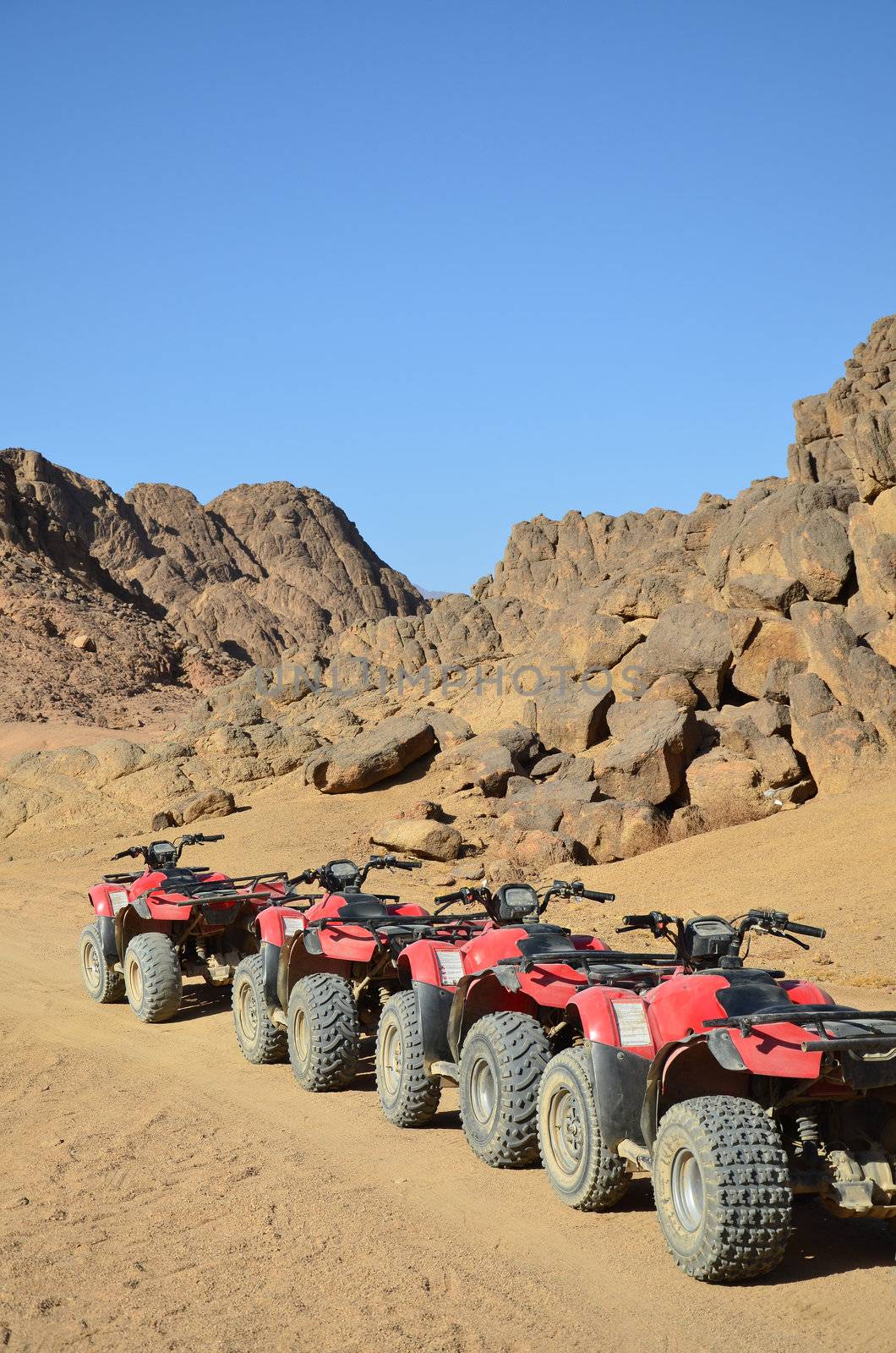 wheel of desert scooter arranged in a row