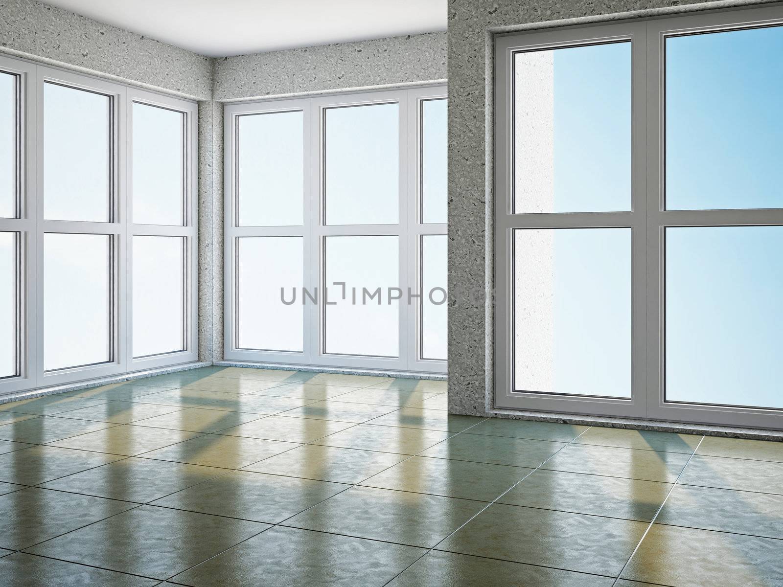 The empty room with big panoramic window