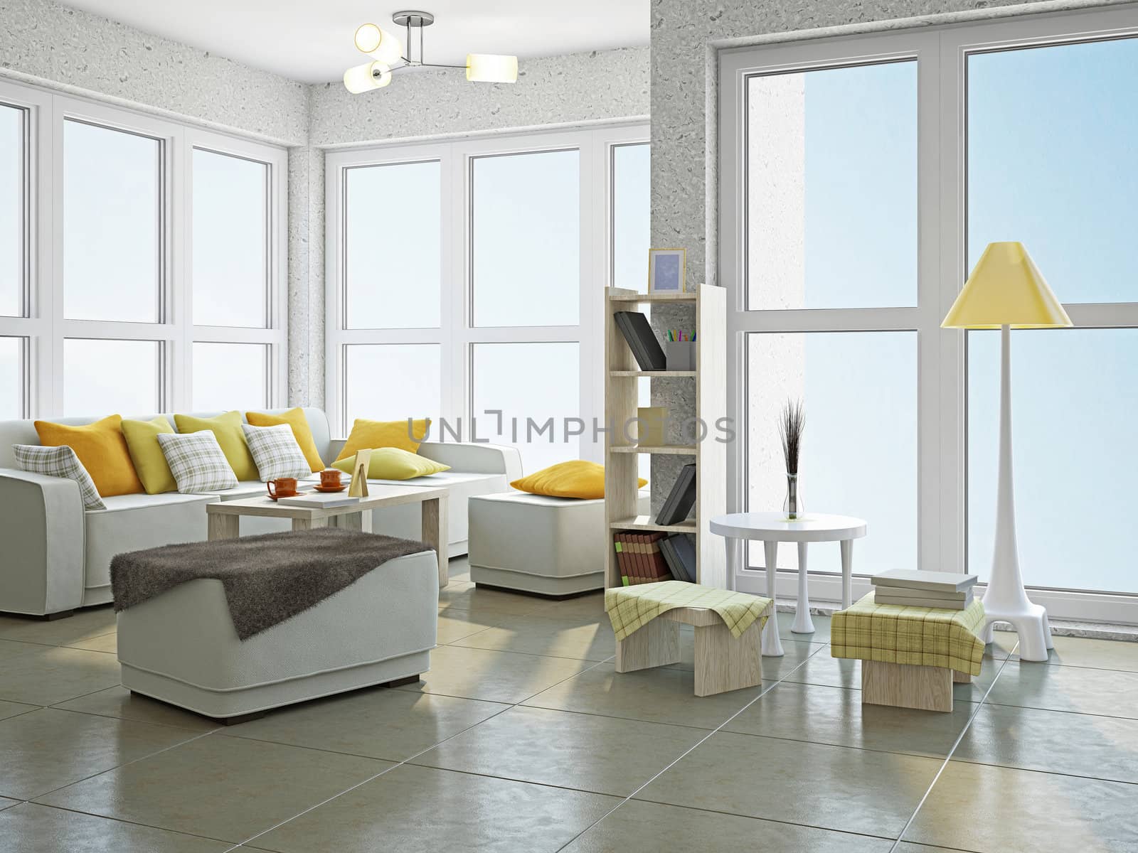 Livingroom with furniture  near the panoramic window
