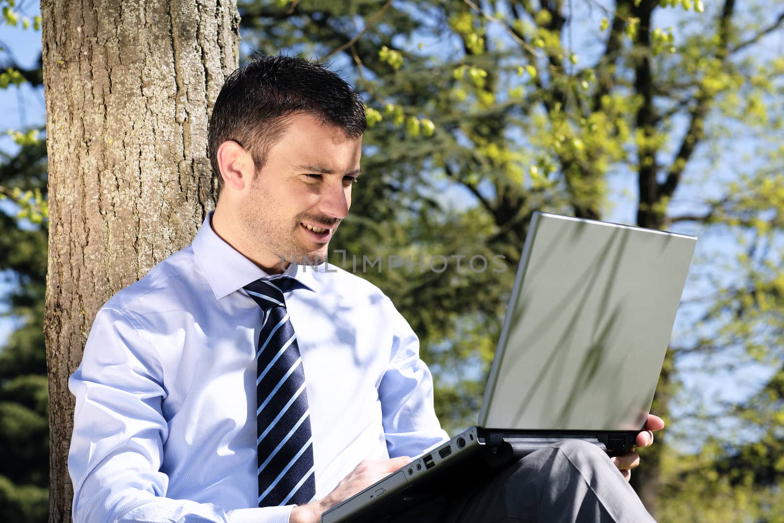 handsome businessman working on laptop in a park