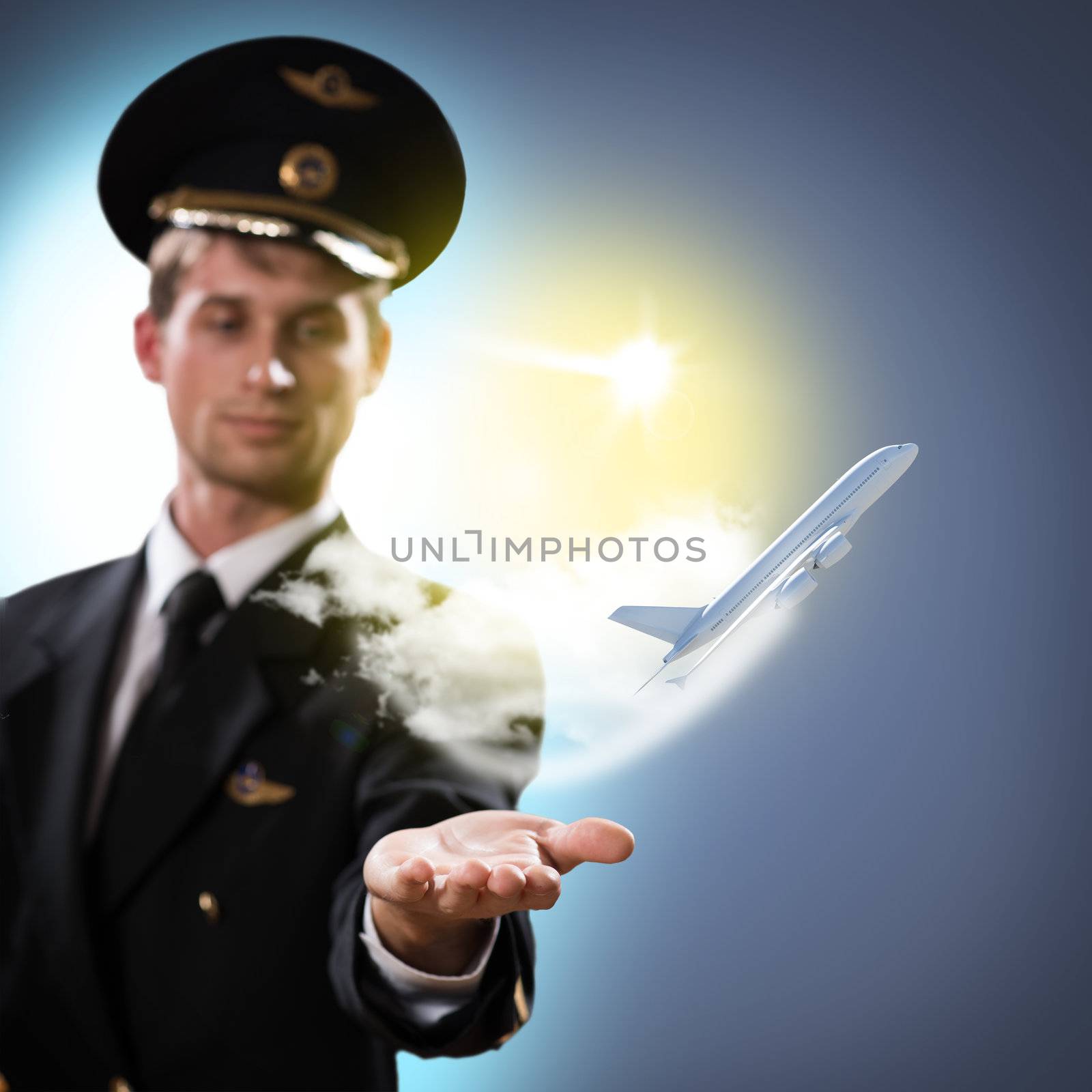 pilot in the form of extending a hand to a flying airplane with sky, clouds and sun