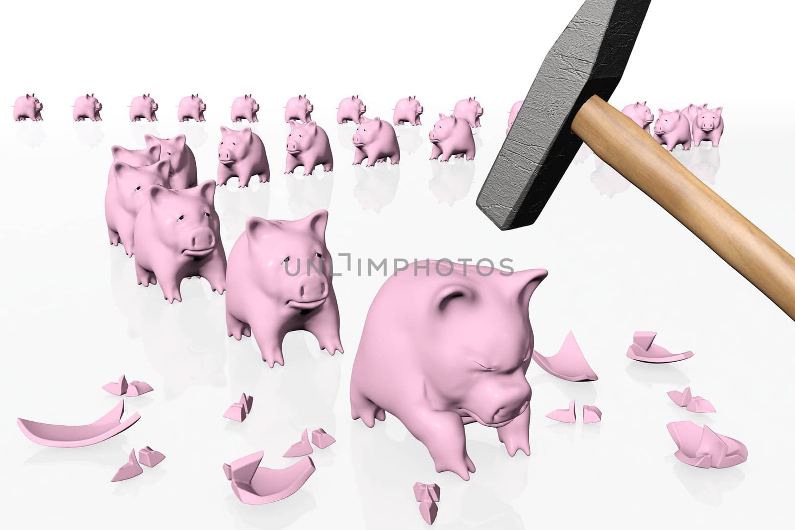 a group of some pink piggy banks in orderly queue, one by one are waiting the hit of a ruined giant hammer, all on a white background