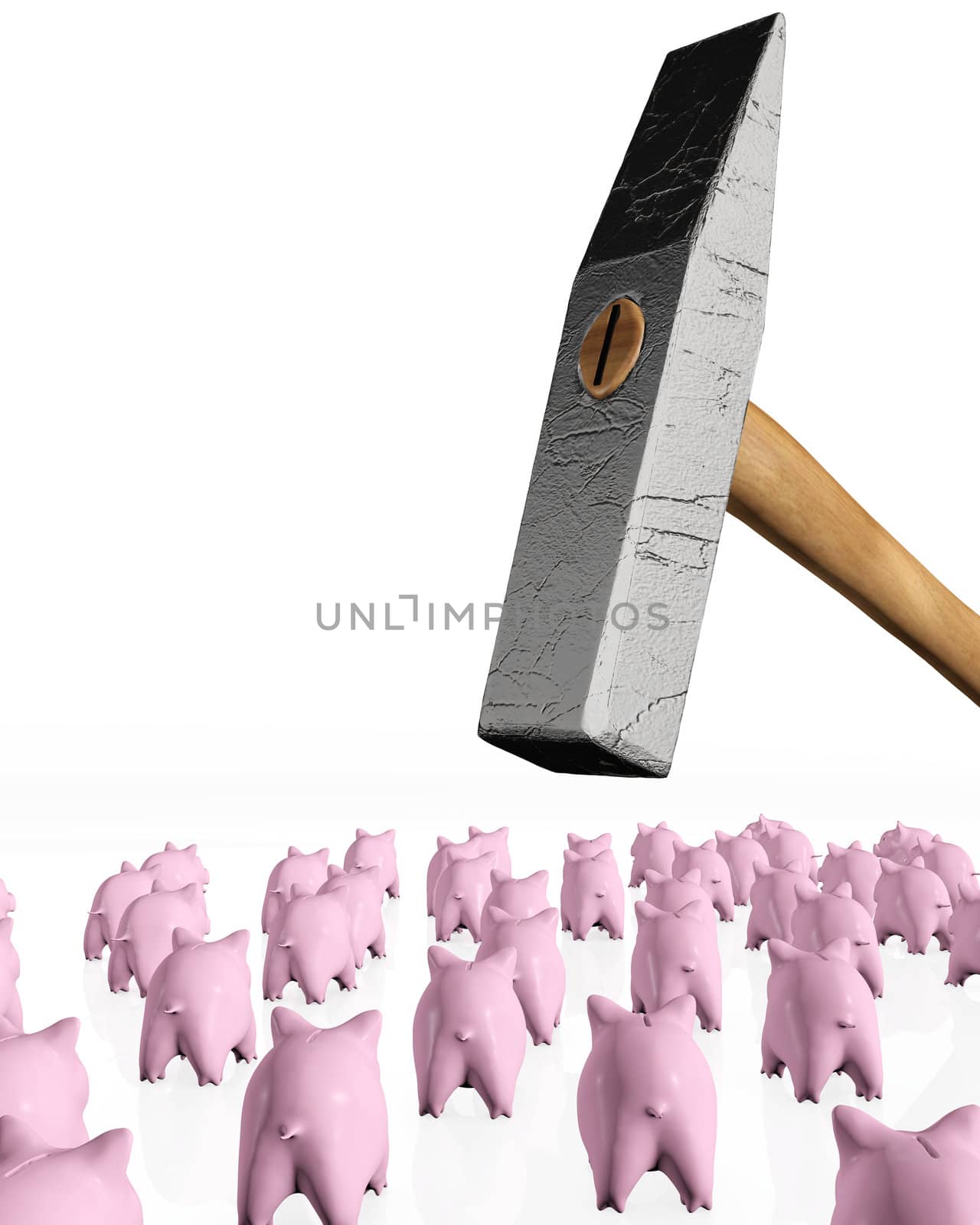 a group of some pink piggy banks seen from behind are under the hit of a ruined giant hammer on a white background