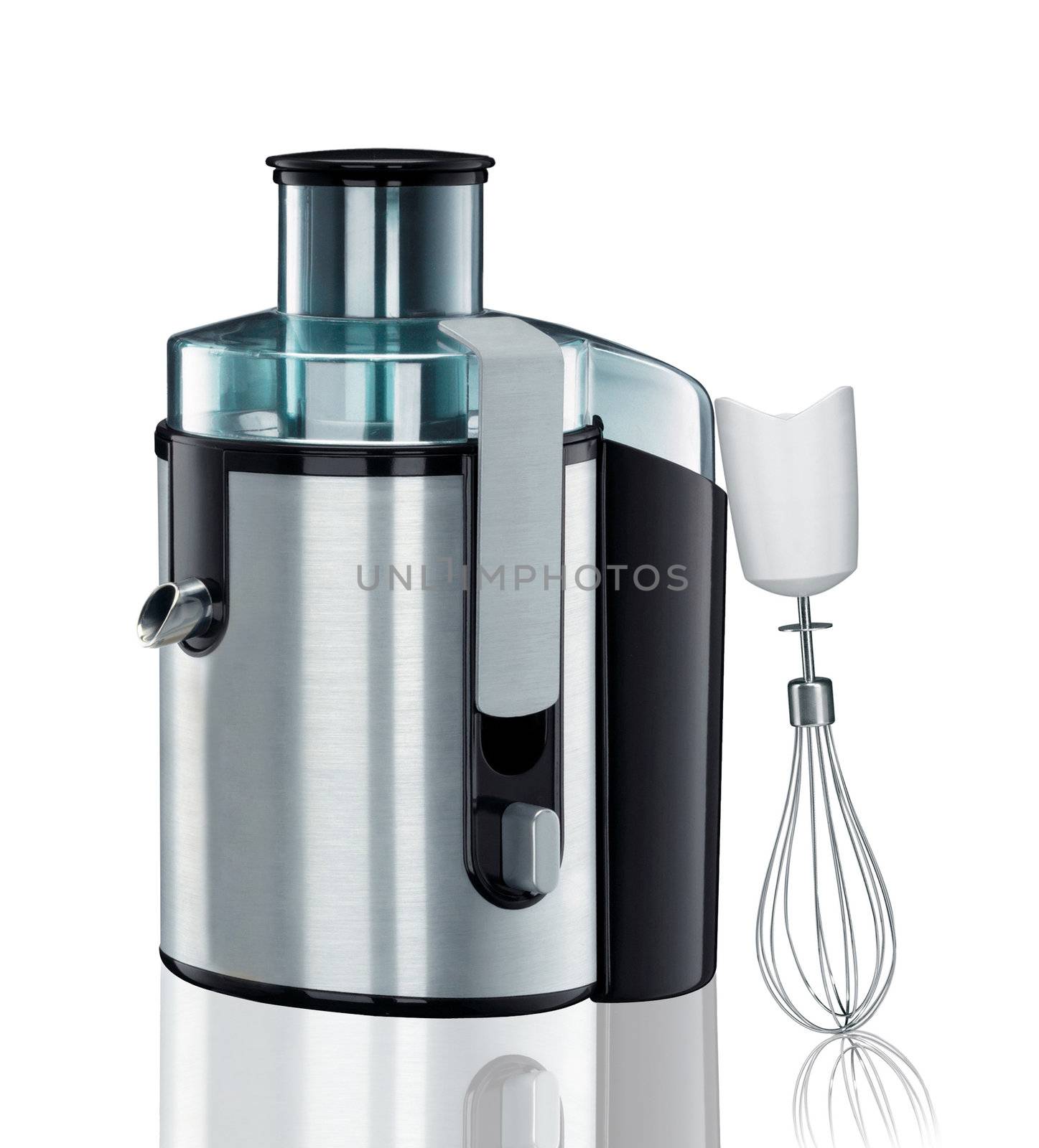 an electric blender with mixer on a white