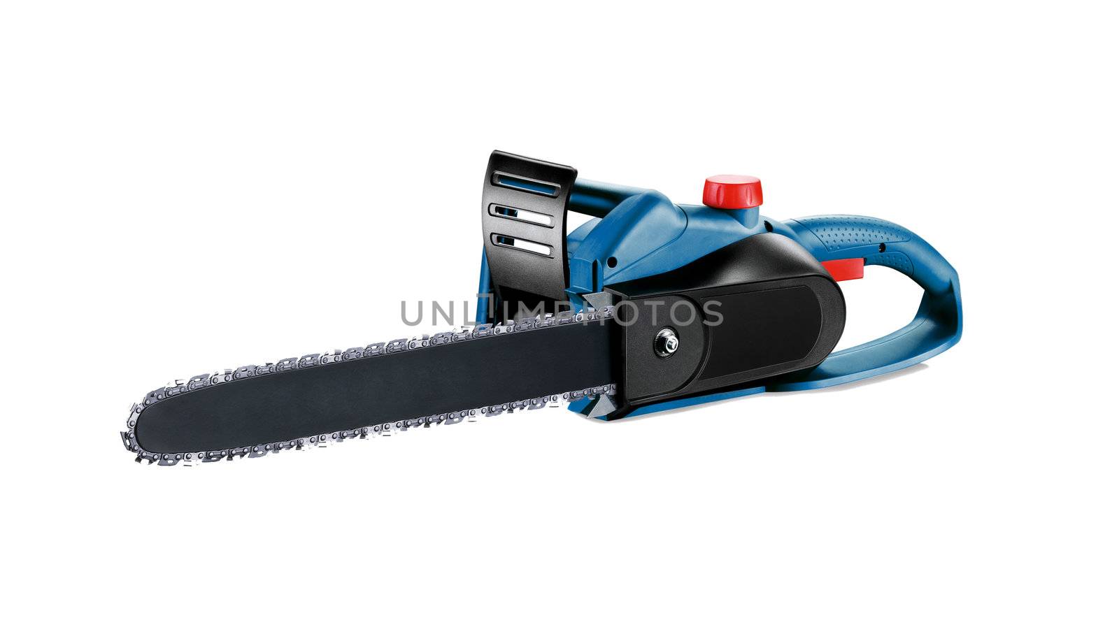 Blue chain saw on a white background.