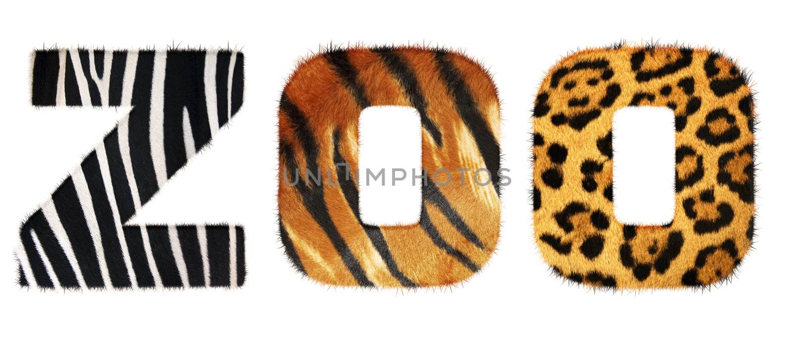 Zoo word from fur alphabet. Isolated on white background. With clipping path.