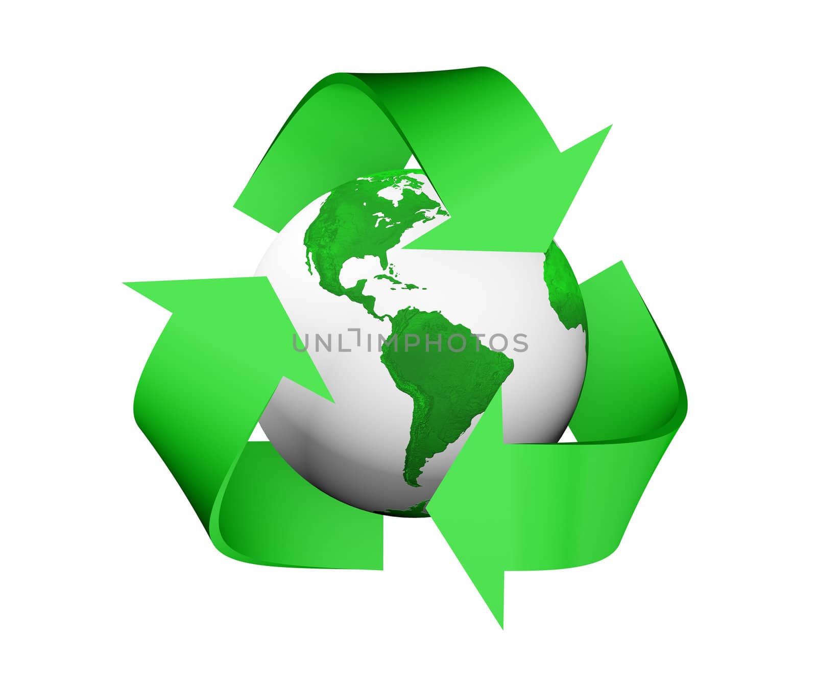 a 3D rendering of a green recycle icon that is covering earth with green lands and white seas, isolated on a white background