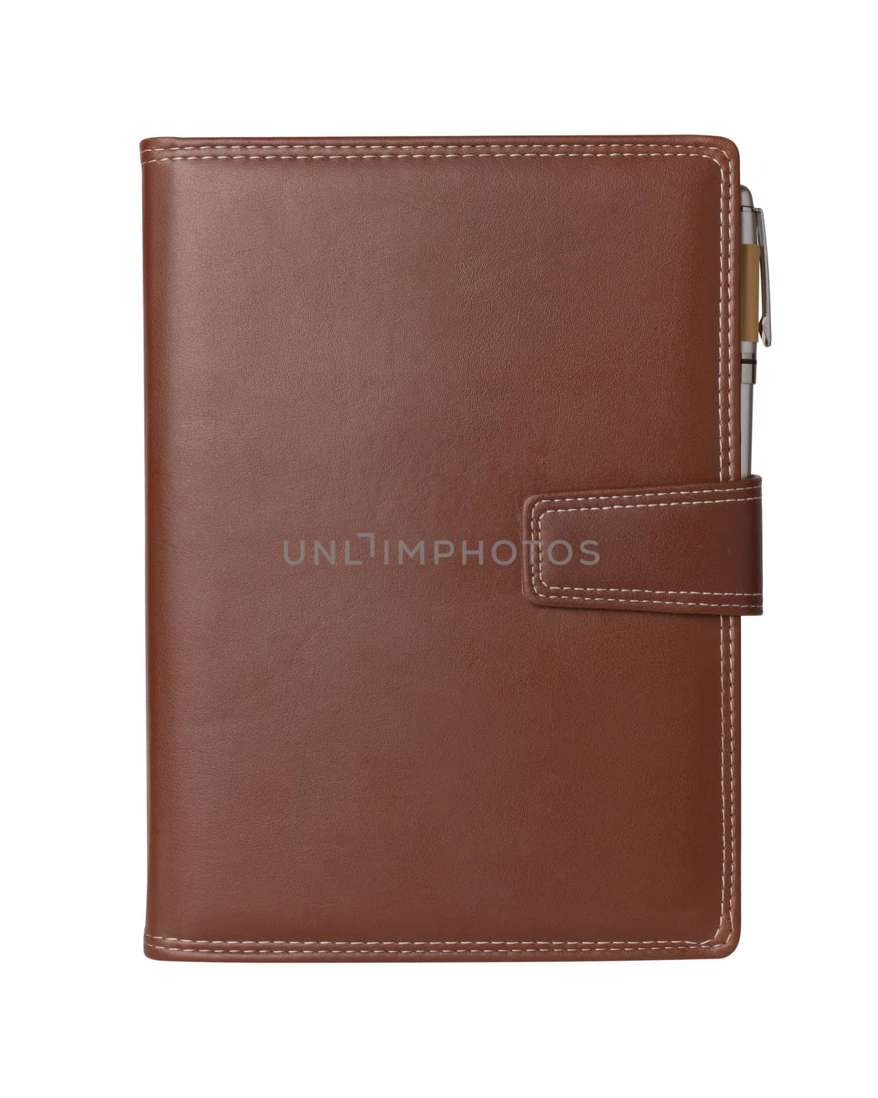 Leather notebook and pencil on white background.