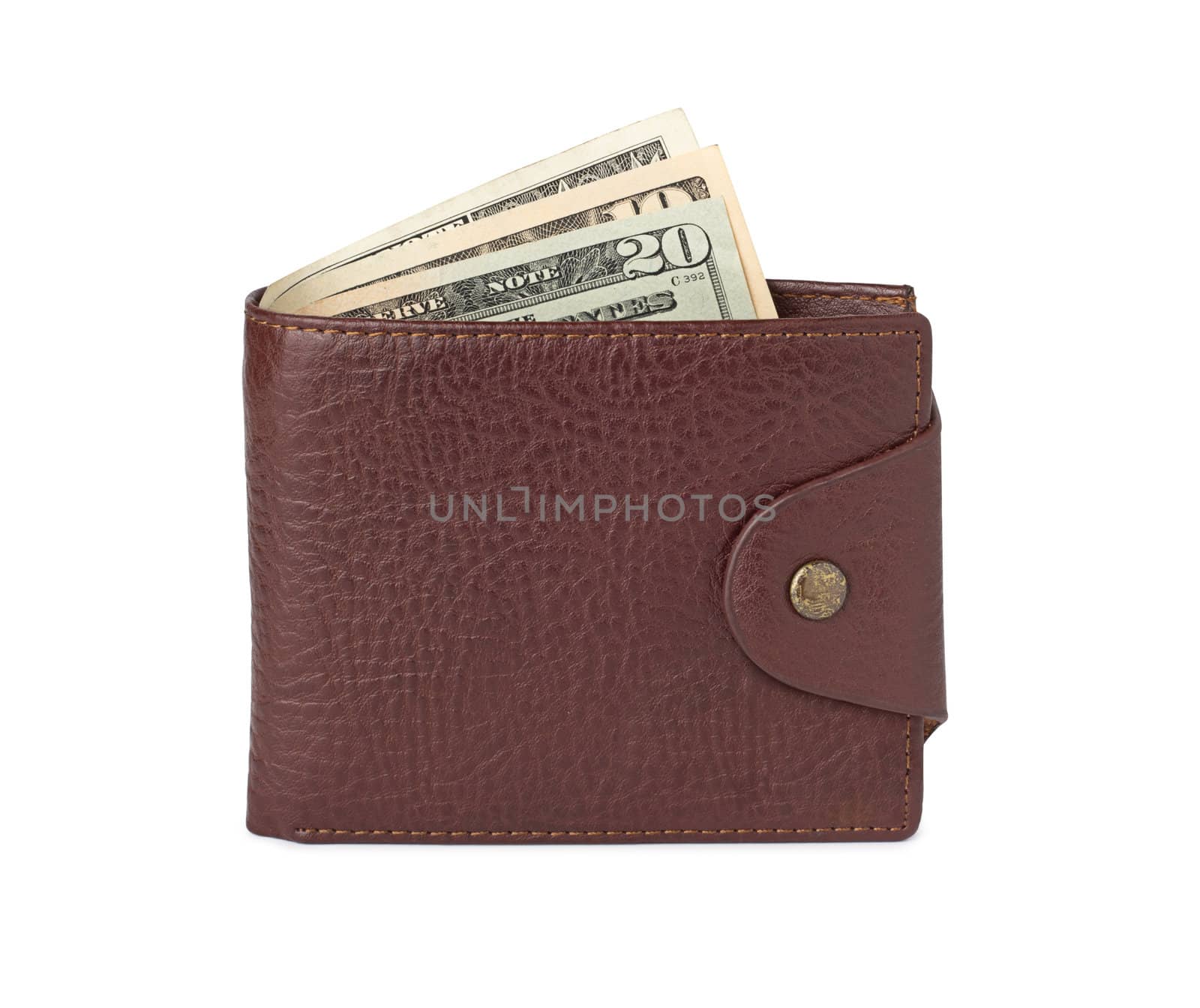 brown leather wallet with money isolated on white background