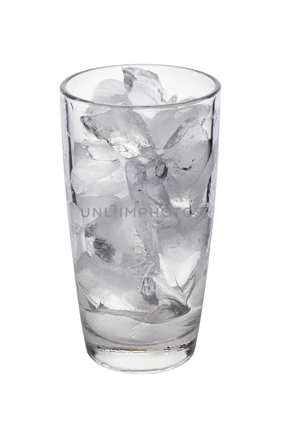 photo of empty glass with ice cubes on white background
