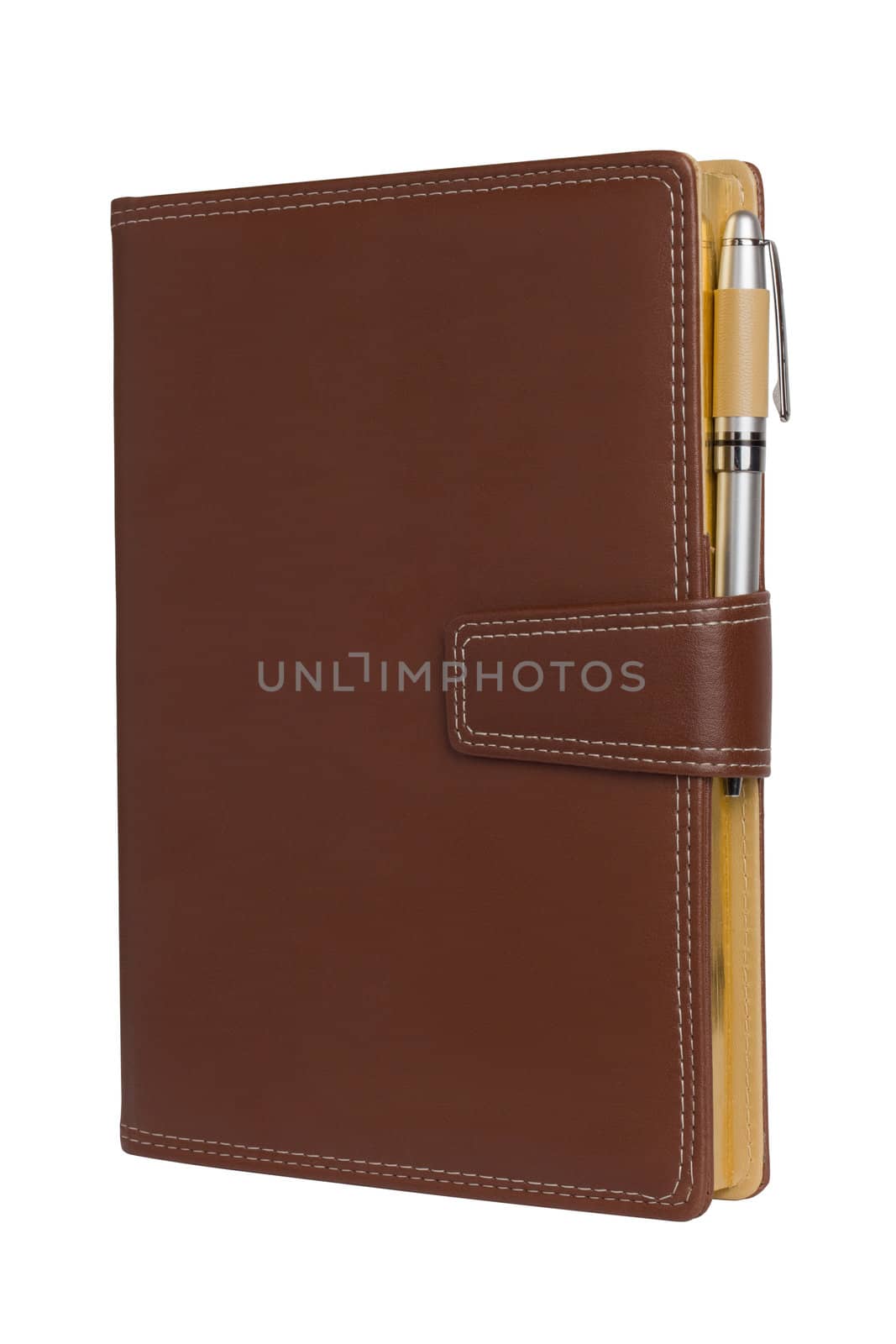 Leather notebook and pencil on white background.