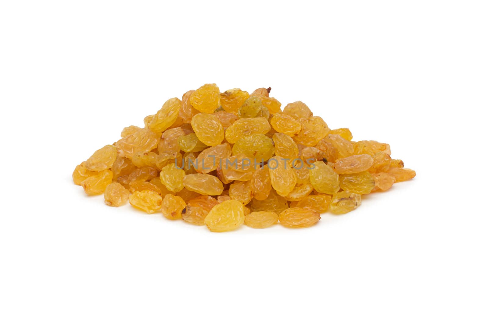 Yellow raisins isolated on white background, with clipping path