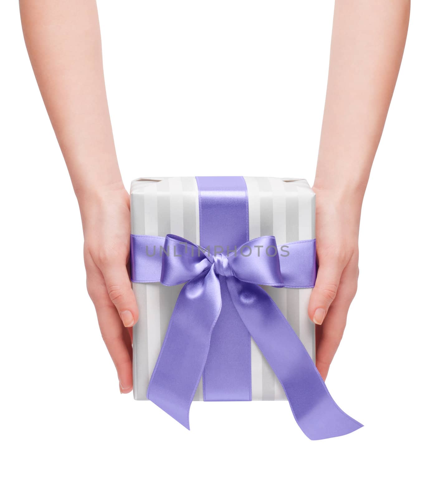 male holding gift box with a bow isolated on white background