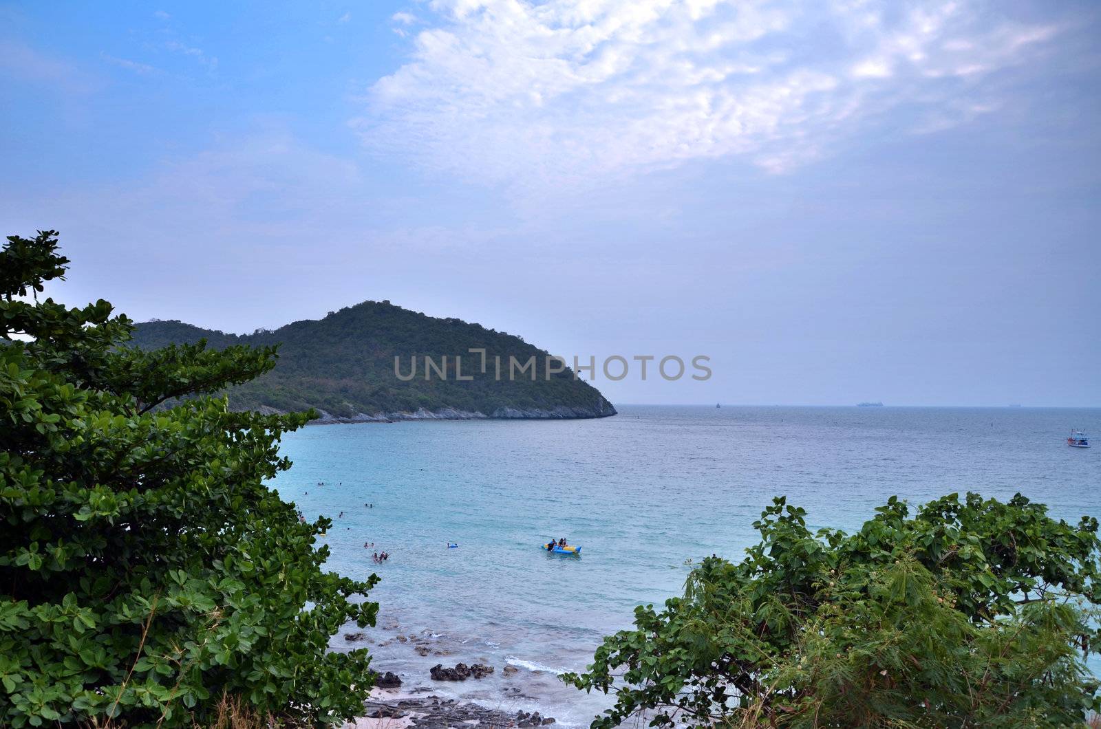 Si Chang island in Thailand. Travel by sea. Sea and sky blue colors. 