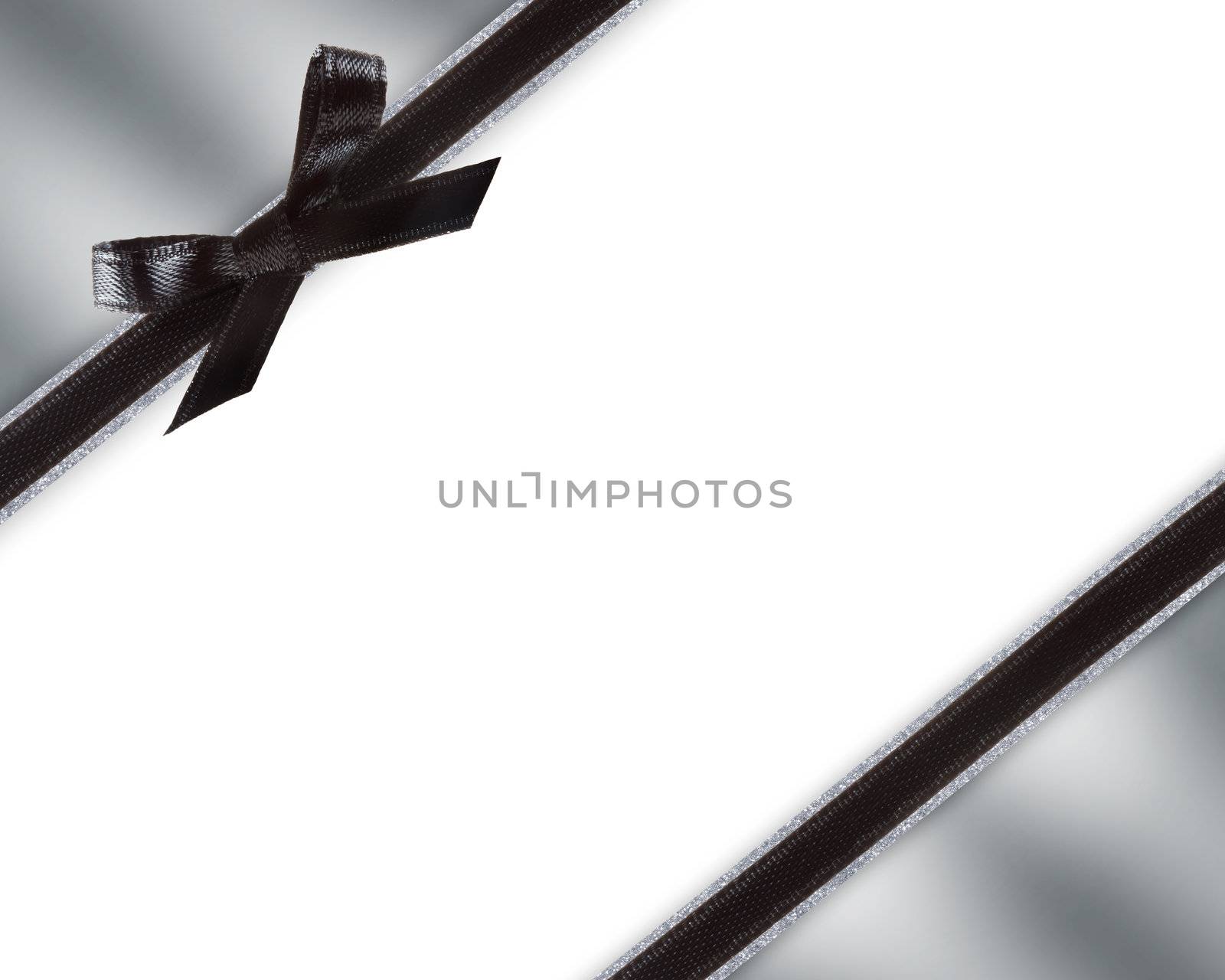 Black Bow and Ribbon with Metallic Silver and White Background