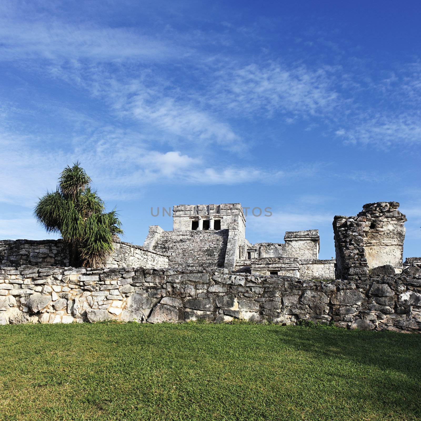 Famous ruins of Tulum in Mexico with blue sky