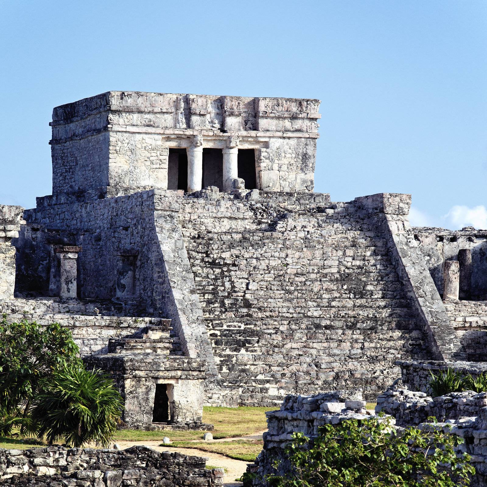 view of famous archaeological ruins of Tulum in Mexico