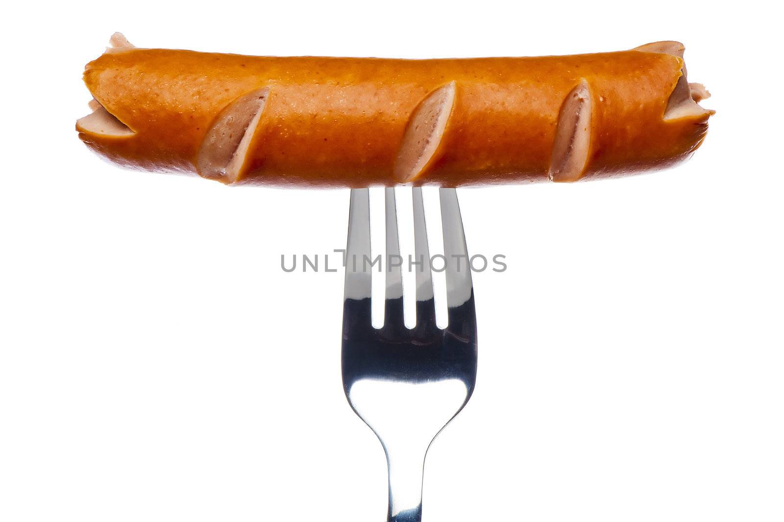 Cooking sausage on a fork on a white background by kosmsos111
