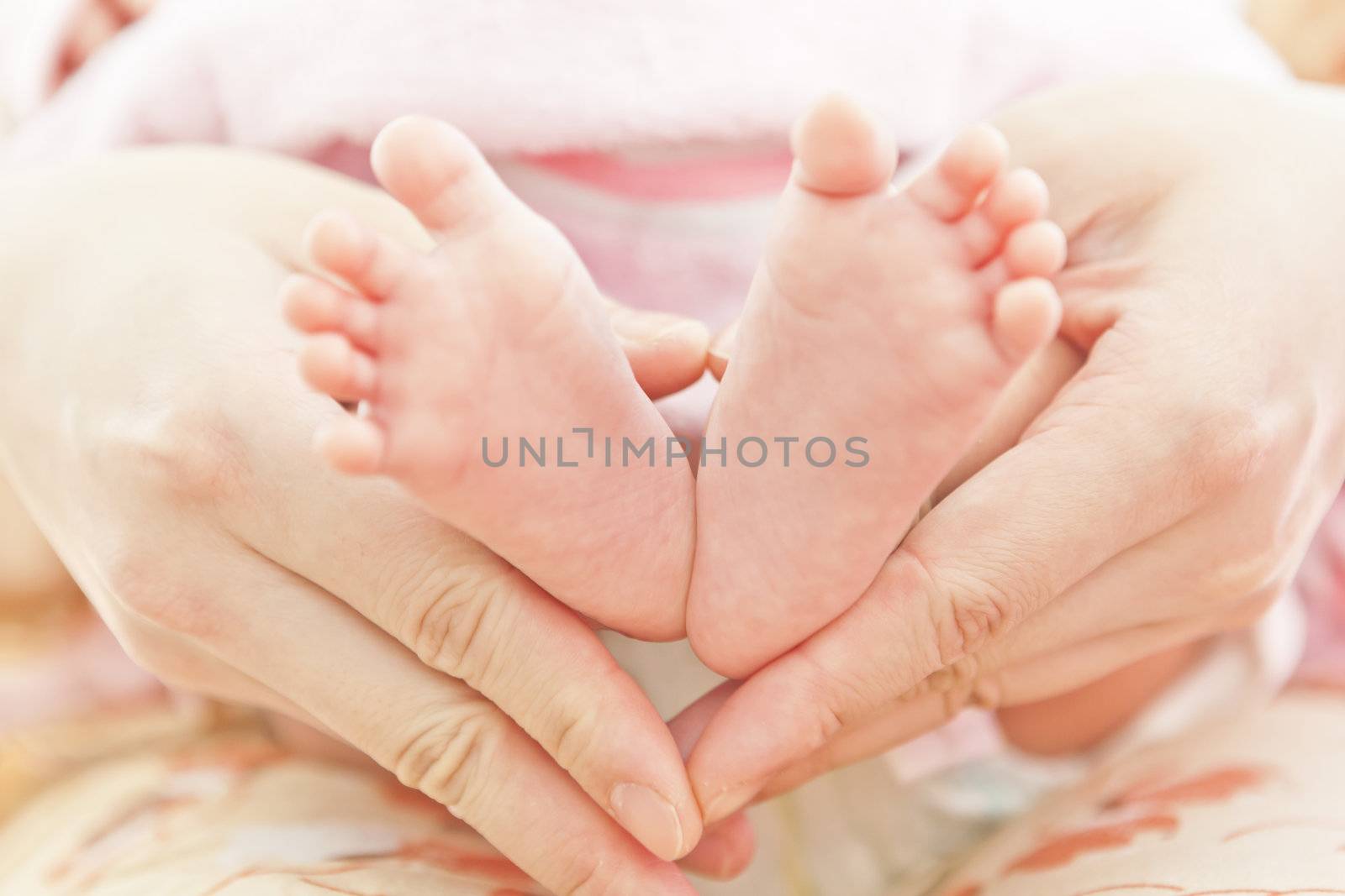 Feet of newborn baby in mothers hands 