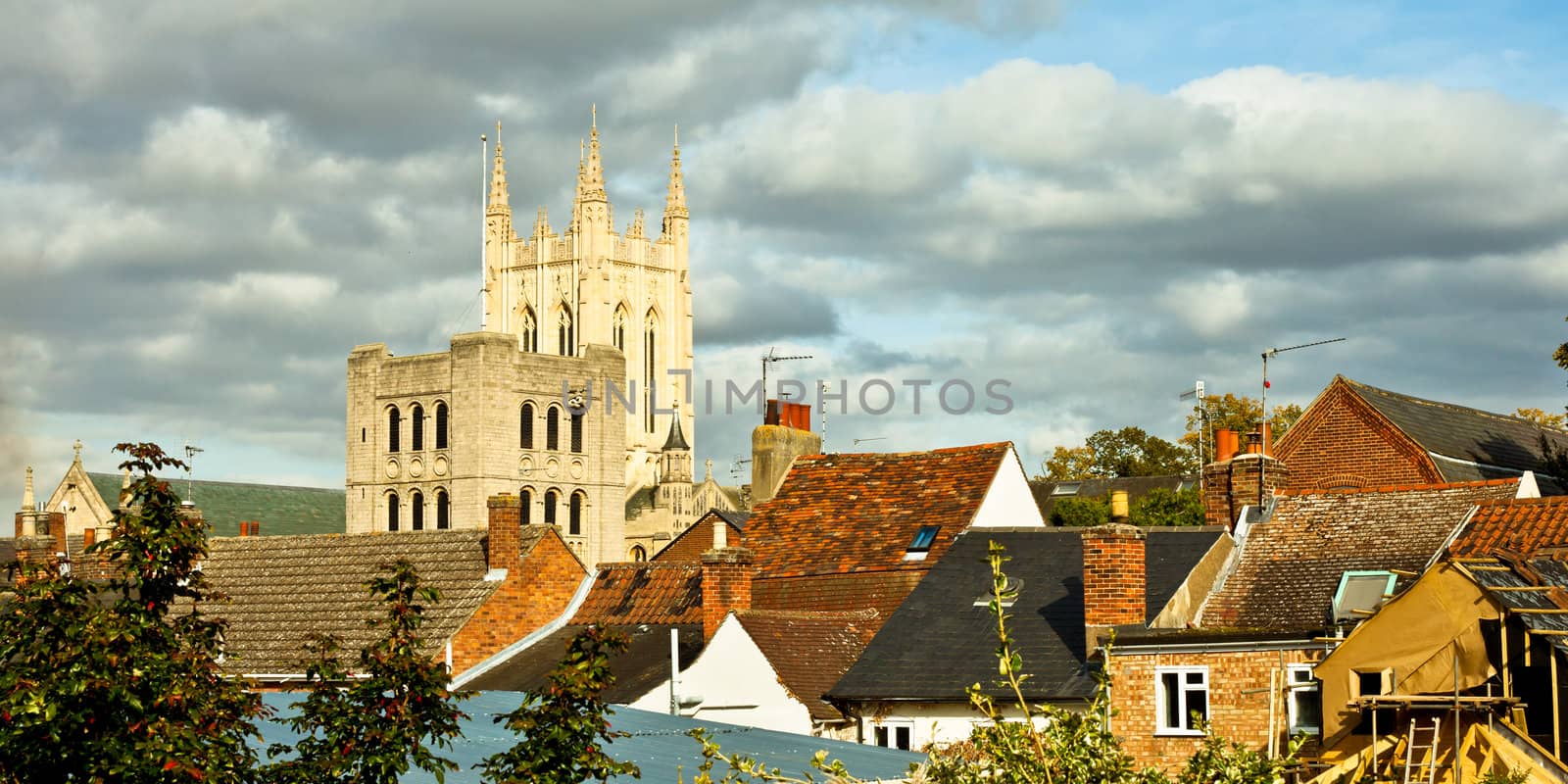 Rooftops and cathedral tower on an autumn day in Bury St Edmunds, UK