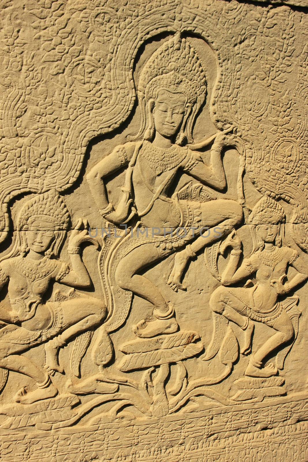 Apsara dancers wall carving, Bayon temple, Angkor area, Siem Reap, Cambodia