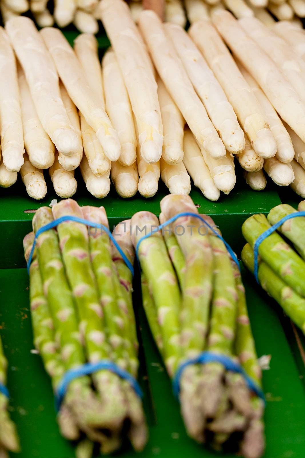 collection of fresh seasonal asparagus vegetable on market 