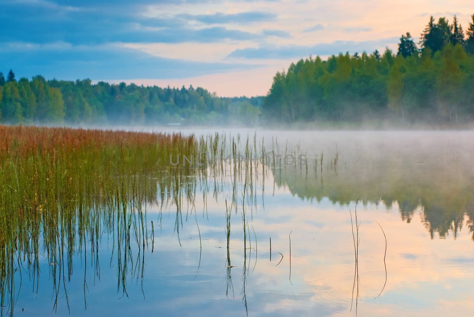 Sunrise on the lake with mist by kosmsos111