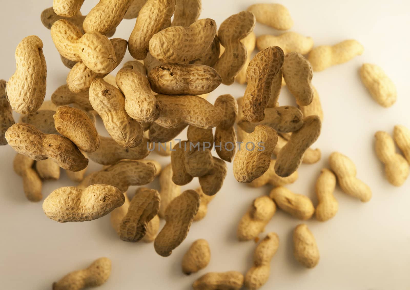 floating peanuts on a white background