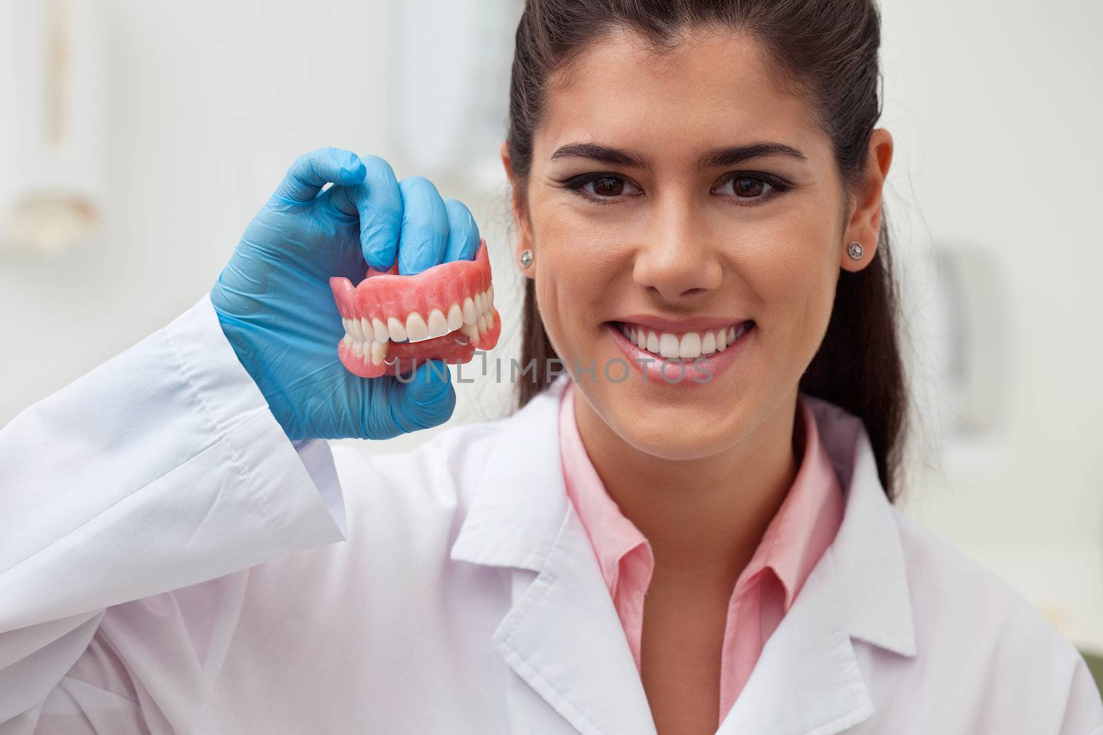 Portrait of female dentist holding dental mold at clinic
