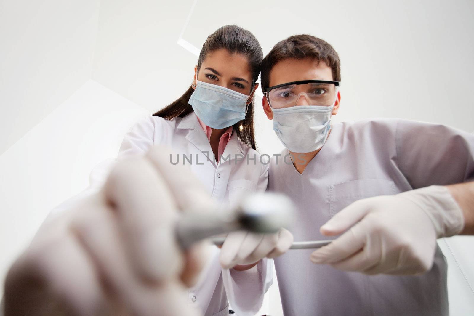 Dentist and technician with dental tools by leaf