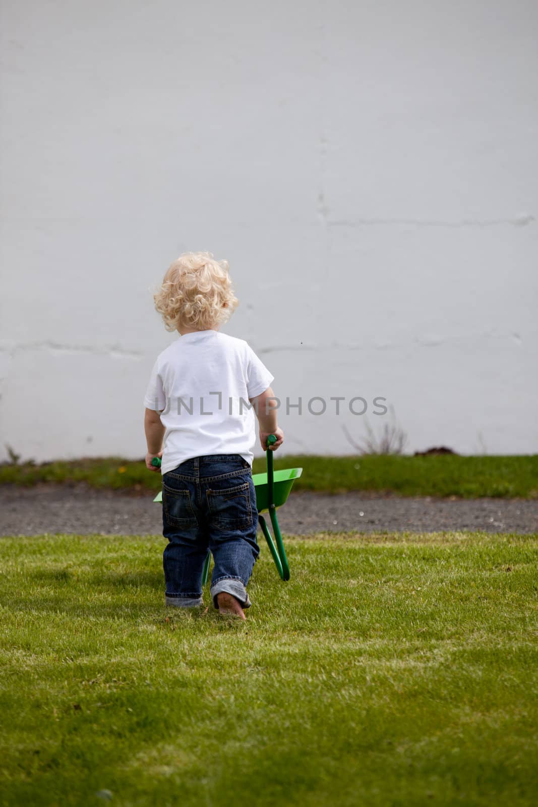 A young boy pushing a wheelbarrow on grass